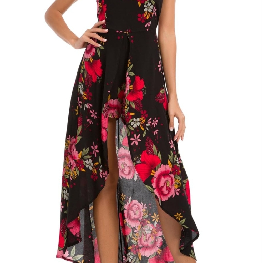 Kormei Womens Sleeveless Scoop Neck Floral Rayon Party Split Maxi Romper Dress L